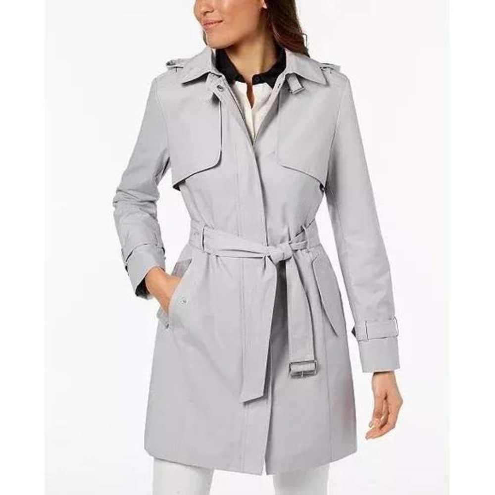 NWT Cole Haan Signature Short Belted Trench Coat Removable‎ Hood Gray S